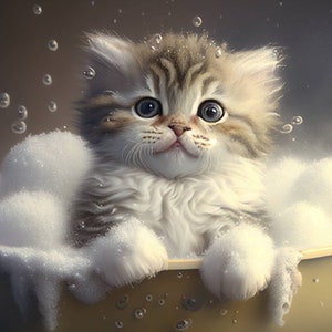 Cute Baby Kitten In A Bathtub Wall Art, Cat Bathing, Funny Bathroom Art, Pet Animal Art, Animal In Bathtub, Kids Art, Digital Download