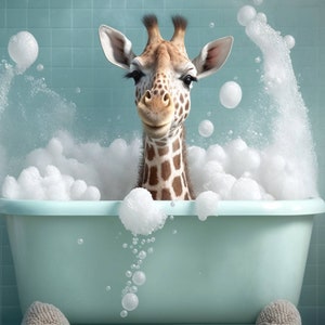 Cute Giraffe In A Bathtub Wall Art, Giraffe Bathing, Funny Bathroom Art, Safari Animal Art, Animal in bathtub, Kids Art, Digital Download