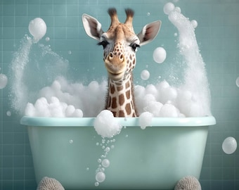 Girafe mignonne dans un art mural de baignoire, girafe se baignant, art drôle de salle de bains, art animalier de safari, animal dans la baignoire, art d'enfants, téléchargement numérique