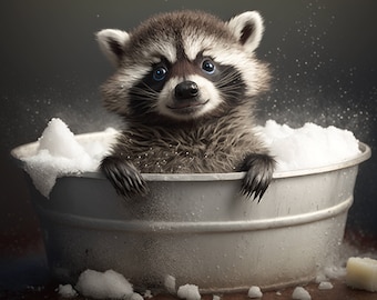 Cute Baby Raccoon In Tub Wall Art, Raccoon Bathing, Funny Bathroom Art, Woodland Animal Art, Animal In Bathtub, Kids Art, Digital Download