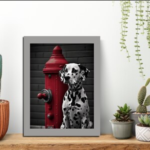 May include: A black and white Dalmatian dog sits in front of a red fire hydrant. The dog is looking to the right of the frame. The background is a brick wall.