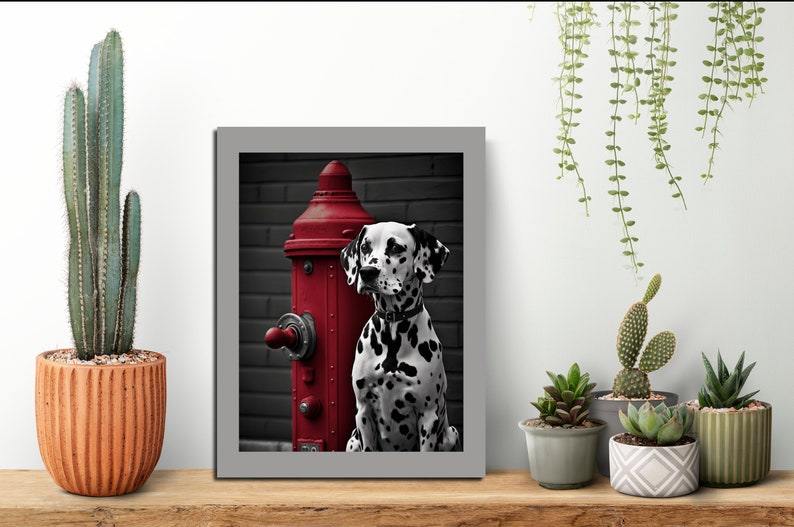 May include: A black and white Dalmatian dog sits in front of a red fire hydrant. The dog is looking to the right of the frame. The background is a brick wall.