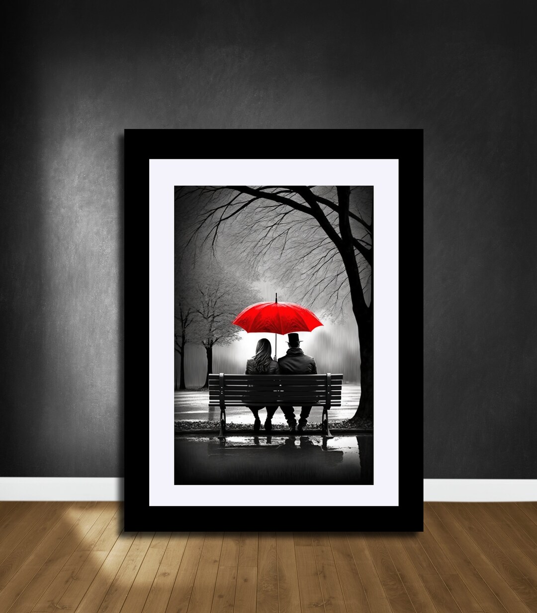 Black White Red Wall Art, Loving Couple With Red Umbrella, Red Umbrella