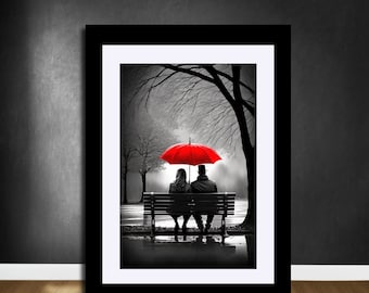 Art mural rouge blanc noir, couple d'amoureux avec parapluie rouge, affiche de parapluie rouge, art mural rouge, peinture blanche noire, art mural imprimable