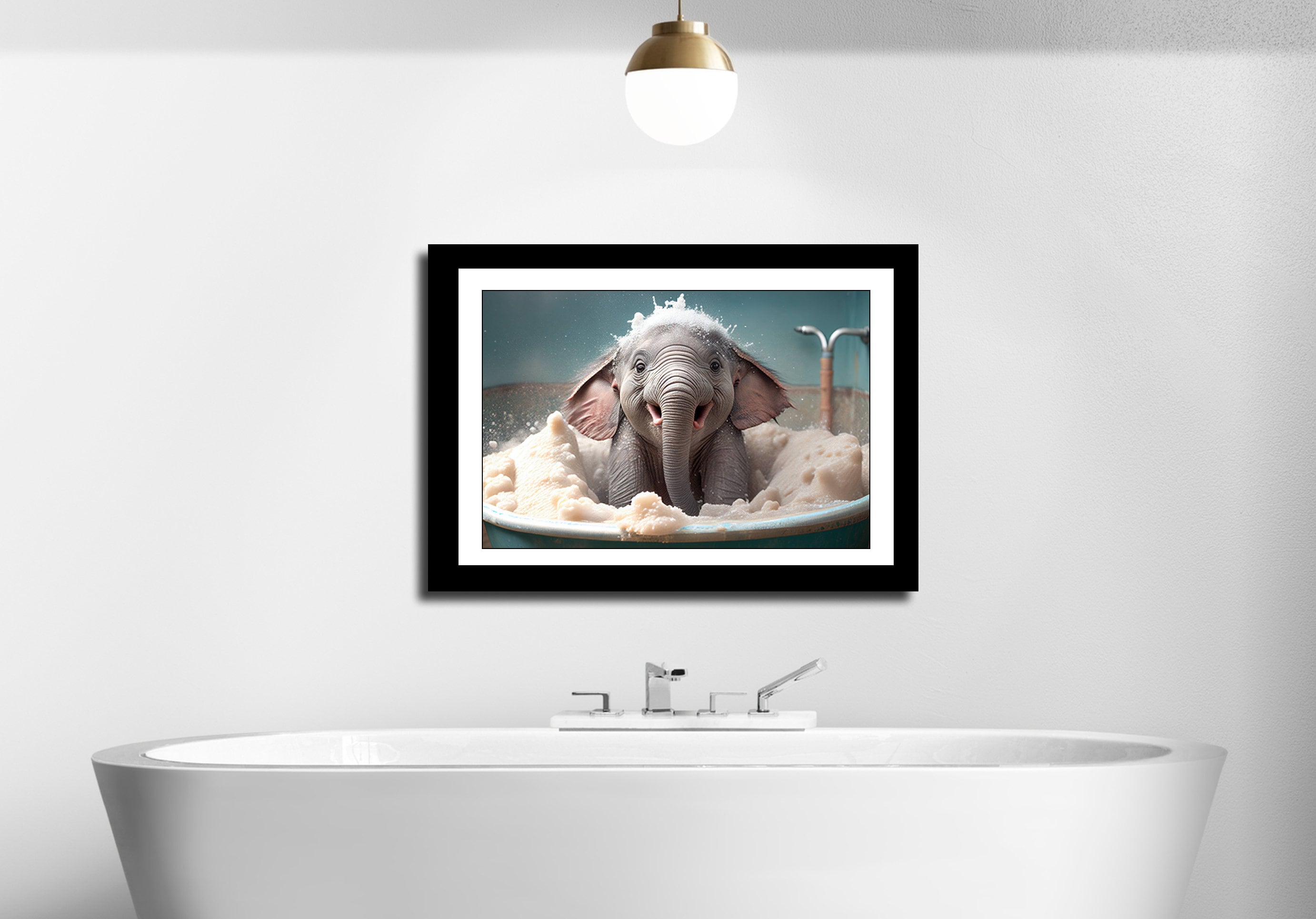 Cute Baby Elephant in Tub Wall Art, Elephant Bathing, Funny Bathroom