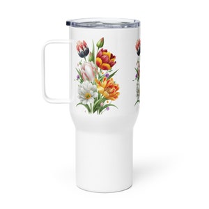 Travel Mug with a Handle, Floral Design Coffee Mug, Insulated Stainless Steel Cup, Hot or Cold Beverage Holder