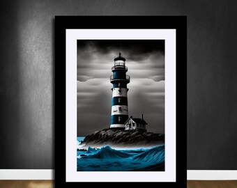 Arte de pared azul blanco negro, impresión de faro azul, carteles de faro, arte costero, arte de pared del océano, pintura en blanco negro, arte de pared imprimible