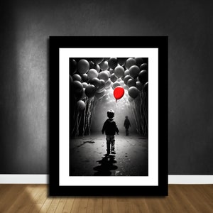 Black White Red Wall Art, Red Balloon print, Black White Illustration, It Poster, Balloon Art Poster, Red Art Prints, Printable Wall Art