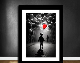 Black White Red Wall Art, Red Balloon print, Black White Illustration, It Poster, Balloon Art Poster, Red Art Prints, Printable Wall Art