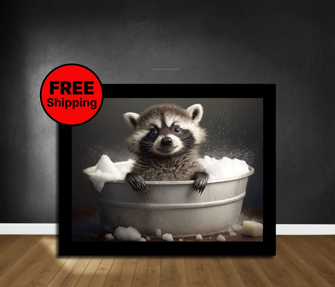 Cute Baby Raccoon in Tub Wall Art, Raccoon Bathing, Funny Bathroom Art ...