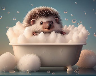 May include: A cute hedgehog with brown and white quills is taking a bath in a small white tub filled with fluffy white bubbles. The hedgehog is surrounded by bubbles, with water droplets in the background. The image has a soft, whimsical feel.