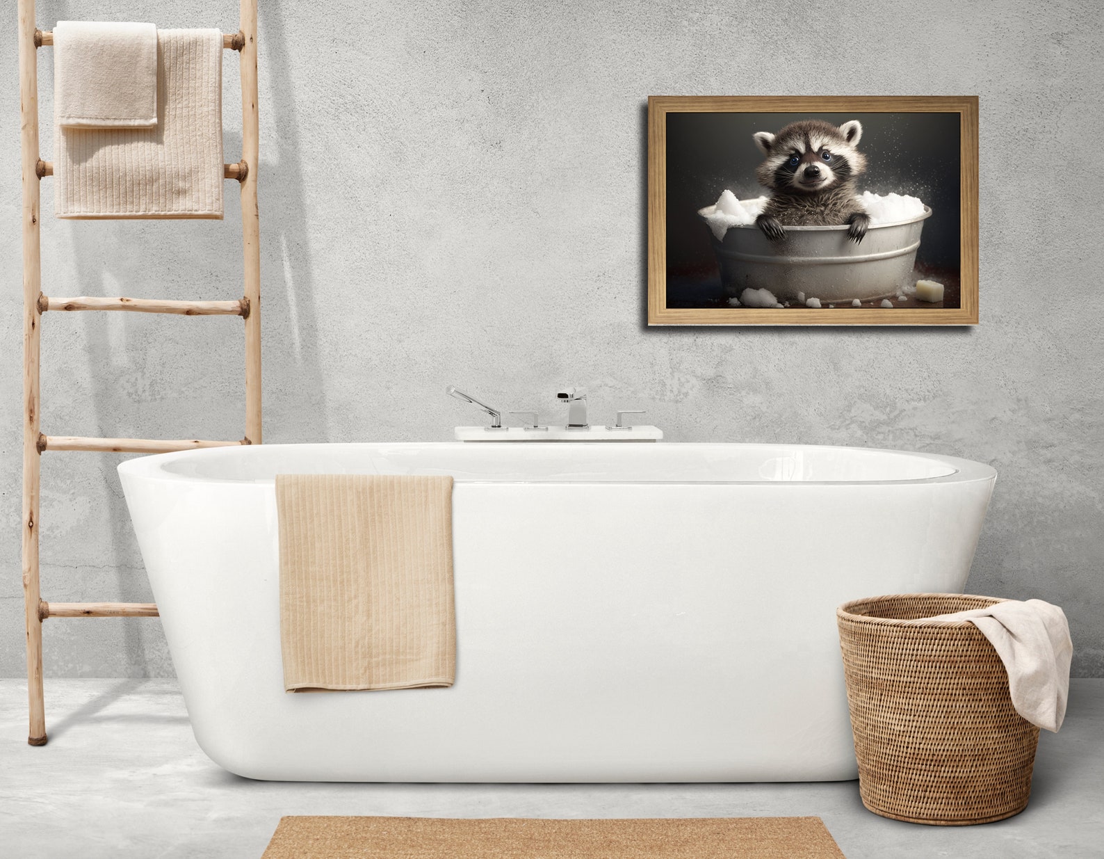 Cute Baby Raccoon in Tub Wall Art, Raccoon Bathing, Funny Bathroom Art