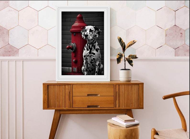 May include: A black and white Dalmatian dog sits next to a red fire hydrant. The dog is looking to the right of the image. The background is a dark grey brick wall.