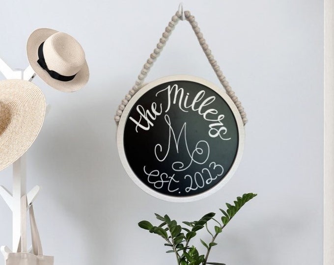 Custom Round Beaded Wood Hanging Chalkboard sign | Baby, Housewarming or Wedding Gift, Family or Baby Name, Personalized