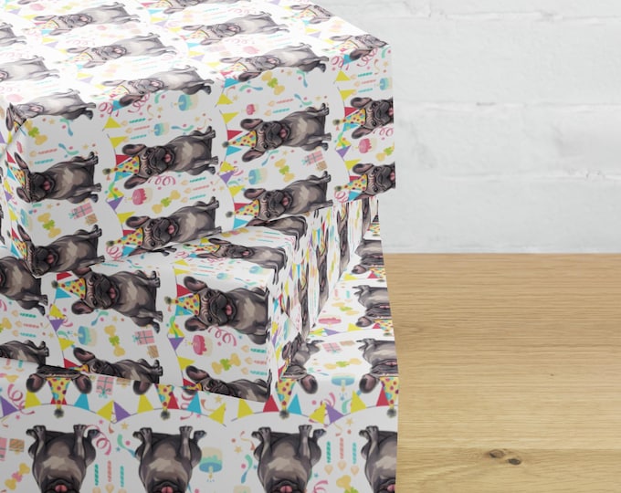 Gift Wrapping Paper Sheets (3) - Frenchie Puppy/French Bulldog for Birthday Celebration, Pet Lover Present, Special Occasion Party Supply