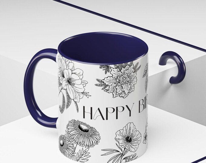 Happy Birthday Coffee Mug, Elegant Minimalist Birth Flower Design, Black White Florals, Gift for Coffee Lover, Tea Cup, Home Office Decor