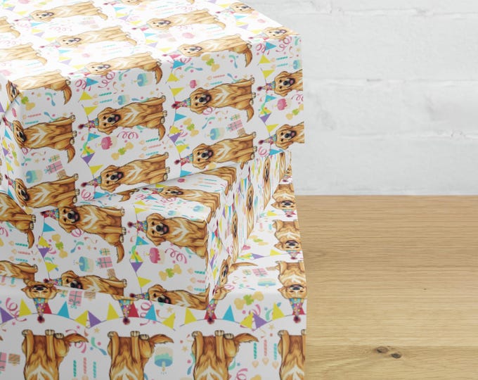 Golden Retriever Gift Wrapping Paper Sheets (3) - Birthday Party Celebration Puppy Dog, Pet Lover Present, Special Occasion Party Supply