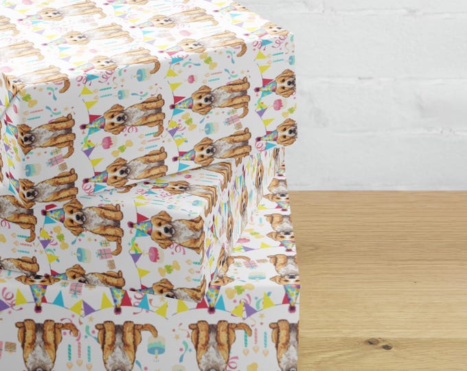 Golden Doodle Gift Wrapping Paper Sheets (3) - Birthday Party Celebration Doodle Puppy Dog, Pet Lover Present, Special Occasion Party Supply