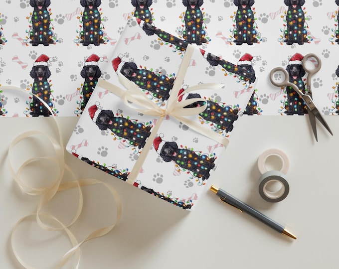 Doodle Wrapping Paper, Holiday Gift Wrap with Black Goldendoodle or Labradoodle Design, Christmas Wrapping Roll, Dog Lover Present Wrap