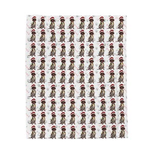 May include: White blanket featuring a repeating pattern of brown dogs in Santa hats. The design includes paw prints and small pink hearts. The dogs are sitting.