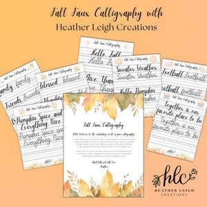 Puede incluir: Hojas de práctica de caligrafía con temática otoñal con hojas de acuarela y el texto "Fall Faux Calligraphy" y "Heather Leigh Creations".