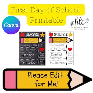 PDF imprimible personalizado del primer día de regreso a clases / Canva / Tamaños Carta y A4 / Fondos blancos y de pizarra