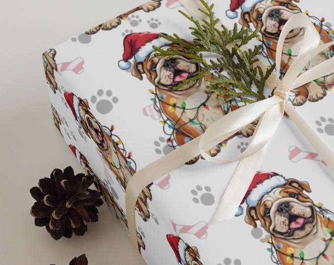 English Bulldog Gift Wrapping Paper Roll, Holiday Dog Lover Gift Wrap, UGA Fan Christmas Gift Wrap Paper, Puppy themed Christmas supplies