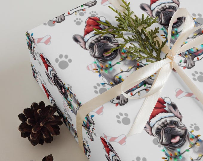 Frenchie, French Bulldog Christmas Wrapping Paper, Holiday Gift Wrap with Puppy Design, Gift Wrapping Sheet and Roll, Dog Lover Present Wrap