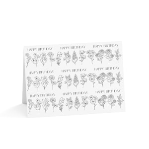 Tarjetas de felicitación de feliz cumpleaños, diseño floral del mes de nacimiento, mensaje sentimental en el interior, tarjeta con notas florales minimalistas en blanco y negro, papelería