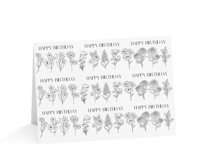 Happy Birthday Greeting Cards, Birth Month Flower Design, Sentimental Message Inside, Black and White Minimalist Floral Notecard, Stationery