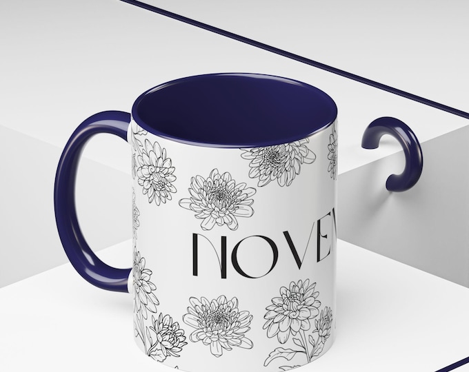 November Birth Flower Mug, Minimalist Black and White Mum Floral Drawings, Nature Lover, Home Decor Mug, Birthday Gift, Coffee or Tea Cup