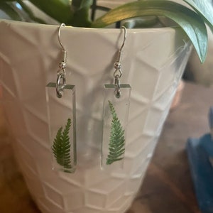 Handmade Dry Pressed Leaf Earrings | Resin | Green | Fern | Drop Earrings | Nature