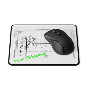 May include: A white mouse pad with a black computer mouse on top. The mouse pad features a black and white airport diagram with the text "AIRPORT DIAGRAM" and "WITTHAN RON" at the top and bottom. The text "Free Shipping" is written in green across the middle of the mouse pad.