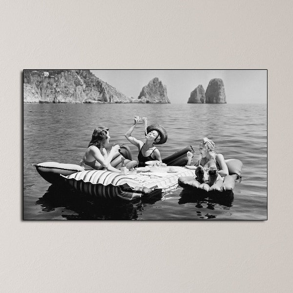 Eating Spaghetti on the Water Vintage Canvas Print, Capri Italy 1939 Girls Italian Pasta Air Floats Giclee Fine Art Poster Home House Decor