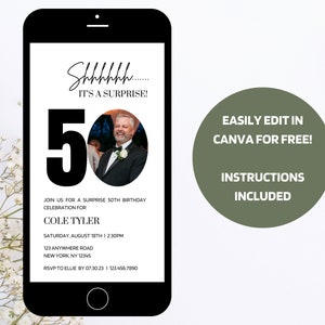 Digital Surprise Birthday Invitation, Minimalist evite, Digital 50th Invite Photo, evite Birthday, Editable, invitation template