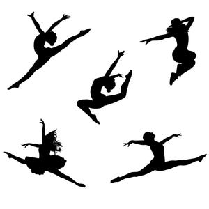May include: Silhouettes of five dancers in various poses. The dancers are all in mid-air, with their limbs extended. The background is white.
