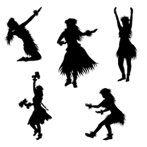 May include: Silhouettes of five women in hula skirts performing a traditional Hawaiian dance. The women are wearing flower leis and are in various poses.