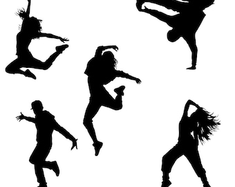 May include: Silhouettes of five people dancing in various poses. The dancers are all in mid-air, with their limbs extended. The image is in black and white.
