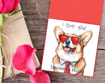 Love card with corgi - I love you card with corgi - Valentines corgi card - Handmade - Customisable