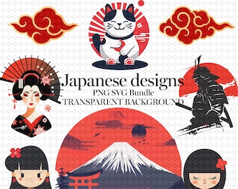 May include: A set of Japanese-themed digital illustrations featuring a red and white lucky cat, a red cloud, a samurai warrior, a geisha, a mountain, a red torii gate, and a bridge. The illustrations are on a transparent background.