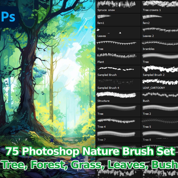 75 Photoshop foliage brushes, wood, grass, tree, plant, leaf,  nature. Clip Studio Paint foliage brushes