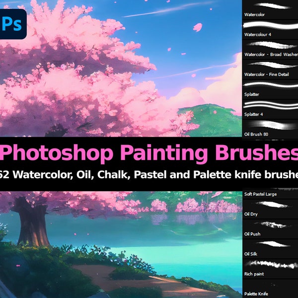 Photoshop Painting Brushes. 62 Watercolor, Oil, Chalk, Pastel and Palette knife Brushes. 62 brushes for photoshop