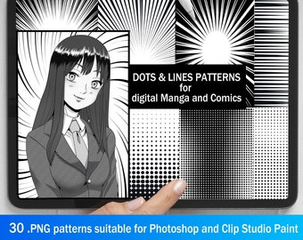 Digital Screentones Pack for digital Manga and Comics + 2 screentone brushes - Halftone Set | Suitable for Photoshop and Clip Studio Paint.