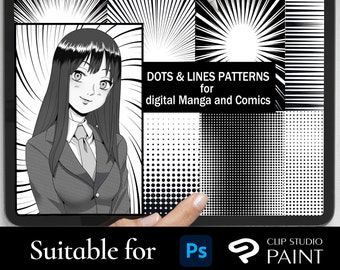 May include: A digital tablet displaying black and white comic book style patterns, including dots, lines, and radial bursts. The text on the screen reads "DOTS & LINES PATTERNS for digital Manga and Comics". The text "Suitable for Ps CLIP STUDIO PAINT" is displayed below the tablet.