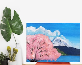 富士山の水彩画：日本の桜のアート（8x6インチ） - Etsy 日本