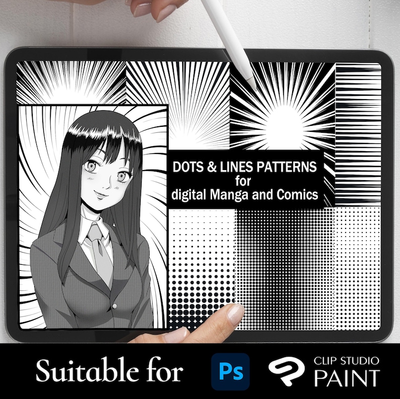 Pode incluir: Um tablet digital que exibe padr&otilde;es de estilo de quadrinhos em preto e branco, incluindo pontos, linhas e explos&otilde;es radiais. O texto na tela diz "DOTS & LINES PATTERNS for digital Manga and Comics". O texto "Suitable for Ps CLIP STUDIO PAINT" &eacute; exibido abaixo do tablet.