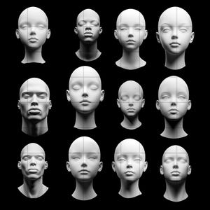 K&ouml;nnte beinhalten: Ein Set mit 12 wei&szlig;en Gips-Mannequin-K&ouml;pfen, jeder mit einem anderen Gesichtsausdruck. Die K&ouml;pfe sind alle nach vorne gerichtet und in einem Raster angeordnet.