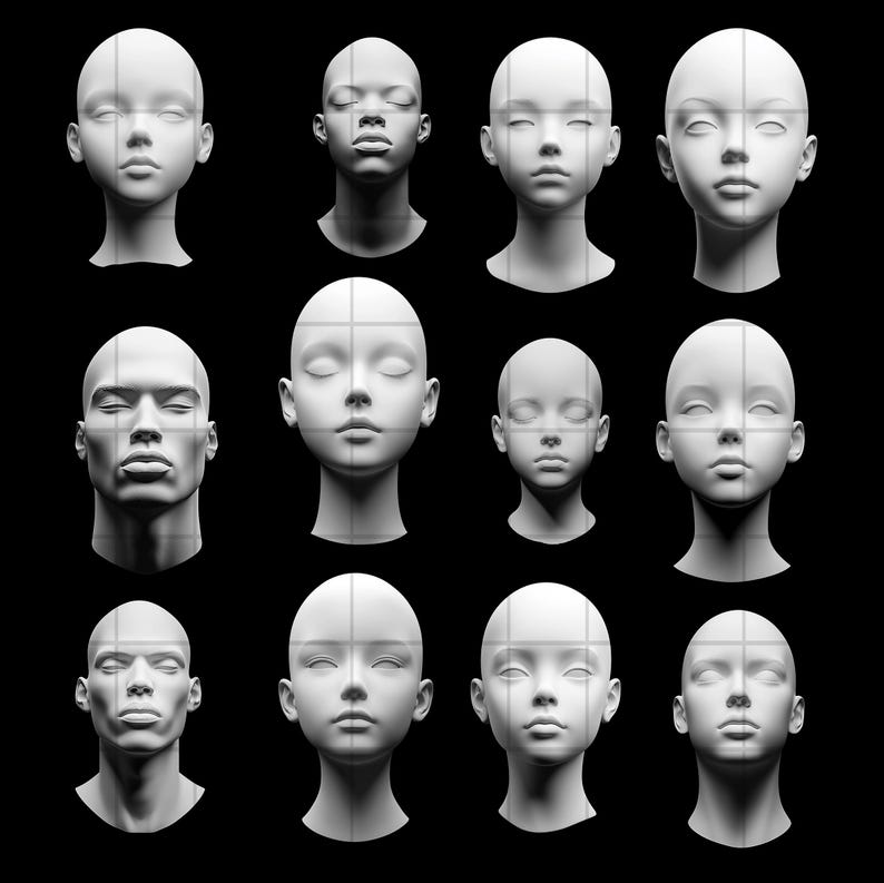 K&ouml;nnte beinhalten: Ein Set mit 12 wei&szlig;en Gips-Mannequin-K&ouml;pfen, jeder mit einem anderen Gesichtsausdruck. Die K&ouml;pfe sind alle nach vorne gerichtet und in einem Raster angeordnet.