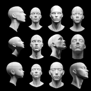 K&ouml;nnte beinhalten: Ein Set aus 10 wei&szlig;en Gips-Mannequin-K&ouml;pfen, jeder mit einem anderen Ausdruck und einer anderen Pose. Die K&ouml;pfe sind alle nach vorne gerichtet, mit Ausnahme von zwei K&ouml;pfen, die zur Seite gedreht sind. Die K&ouml;pfe befinden sich alle vor einem schwarzen Hintergrund.