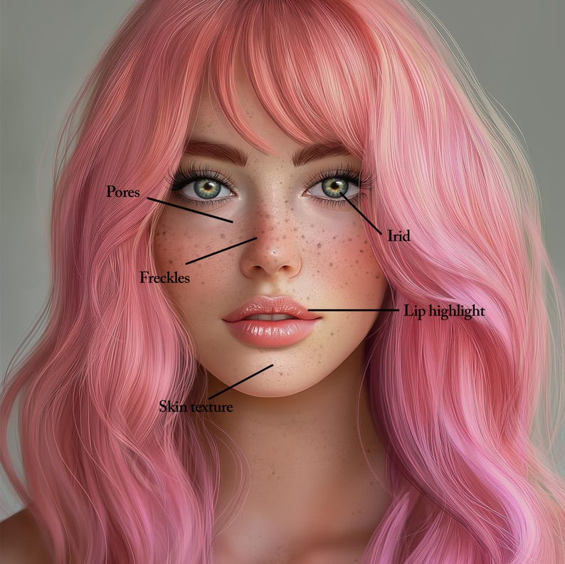 May include: Close-up of a woman's face with pink hair. Her skin has visible pores, freckles, and a subtle lip highlight. The image is labeled with the words "pores", "freckles", "Irid", "Lip highlight", and "Skin texture".